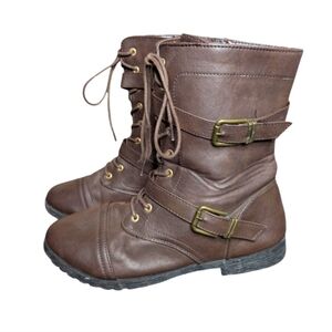 Twisted Ainsley Slip 'n Step Out Brown Faux Leather Military Combat Boots 10